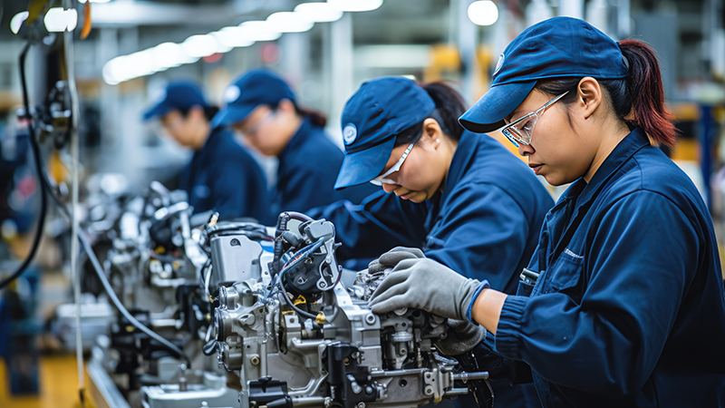 The photograph beautifully depicts the precision and focus of the operators as they control and monitor the machinery. The scene exudes a sense of productivity and efficiency, highlighting the essential role of machine operators in modern production processes.